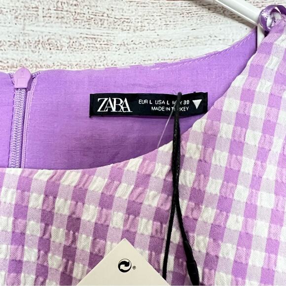 Zara Women's Blogger Style Lilac Gingham Pattern Rushed Side  Mini Dress Sz L - Picture 14 of 16
